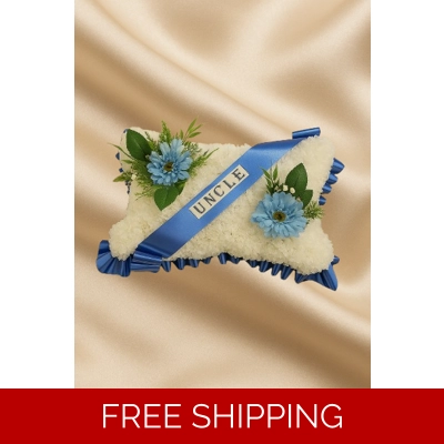 Elegant Artificial Pillow Tribute – “UNCLE” in Blue and White with Gerberas